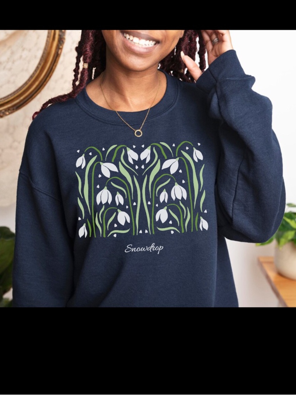 Nearly New Navy Blue Art Nouveau Snowdrops Print, X-Large